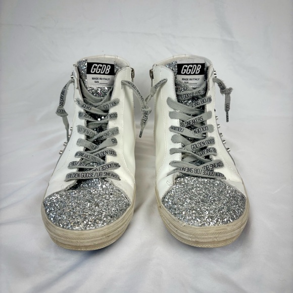 Golden Goose Slide Mid-Top High Top Stud Sneakers Off White with Silver 9.5 - Picture 6 of 16